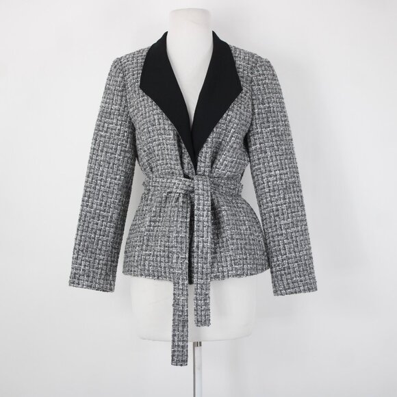 White House Black Market Sz 10P Gray Black Tweed Belted Acrylic Poly Jacket - Picture 2 of 16